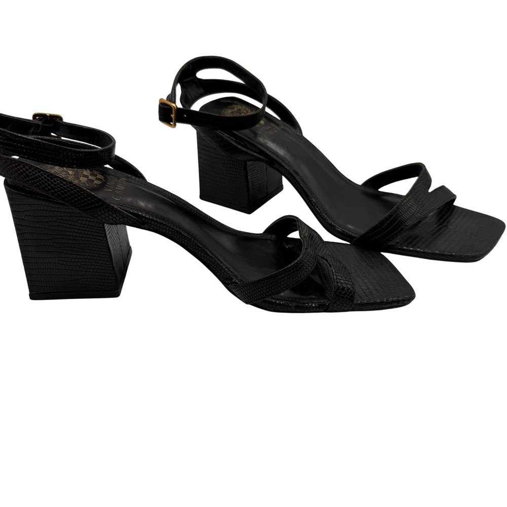 Vince‎ Camuto Block Heel Sandals Black Glossy Lizared Embossed  Size 8 - Picture 4 of 10
